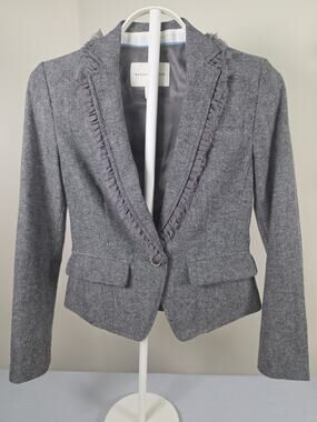 Banana Republic Women's Blazer 00P Petite Gray Herringbone Wool Ruffle Trim